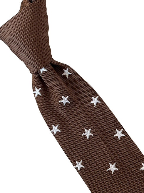 chocolate coffee brown knitted tie with embroidered white stars